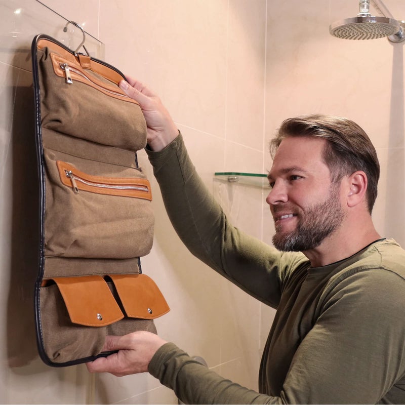 Vetelli Leather Toiletry Bag for Men - Water Resistant, 2 Zippered Internal Pockets, 2 Snap-Fastened Internal Pockets, and Hanging Hook. - Image 4